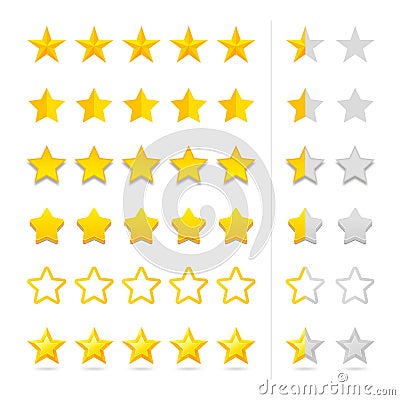 Rating five stars set. Review golden stars in different styles. Vector Illustration